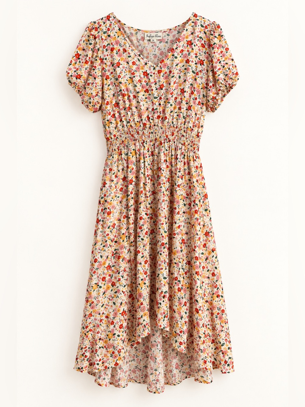 Indigo Rose XL Floral Puff Sleeve Smocked Waist Dress